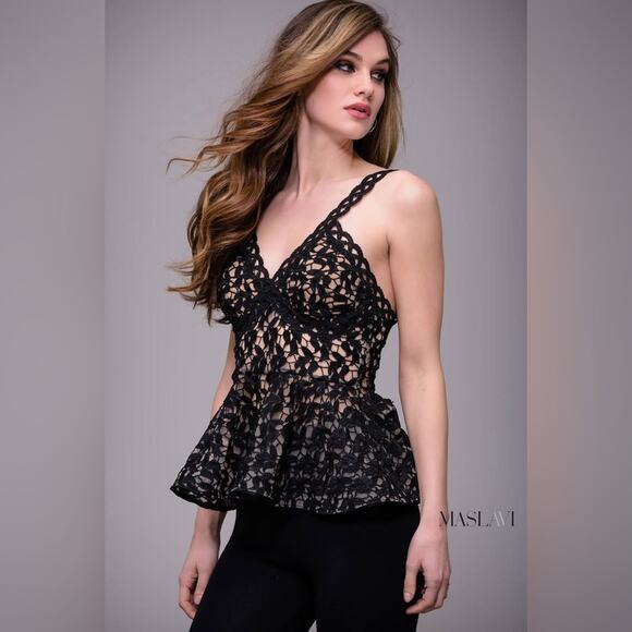 Jovani Black and Nude V Neck Peplum Contemporary Top Size 6 NWOT - Picture 2 of 7